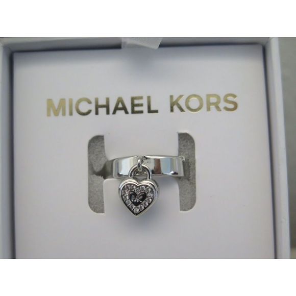Michael Kors MKJX78890406 Sz 6 Silver-Tone "MK" Dangle Heart & Pave Stone Ring - Picture 7 of 14